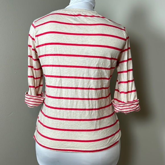 JCPENNEY Stripes Tee Three Quarter Button Sleeve Cream Red Size Large - Picture 2 of 4